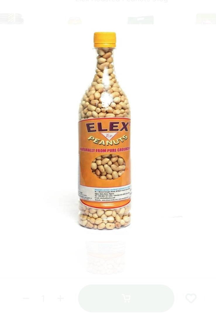 Bottle filled with peanuts labeled 'ELEX Peanuts' on a white background