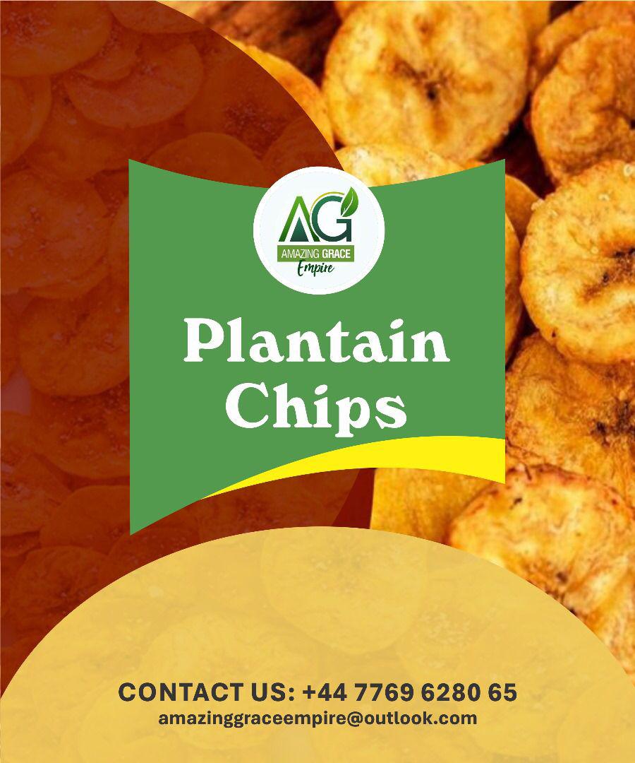 Plantain chips product label with Amazing Grace Empire branding and close‑up of crispy chips